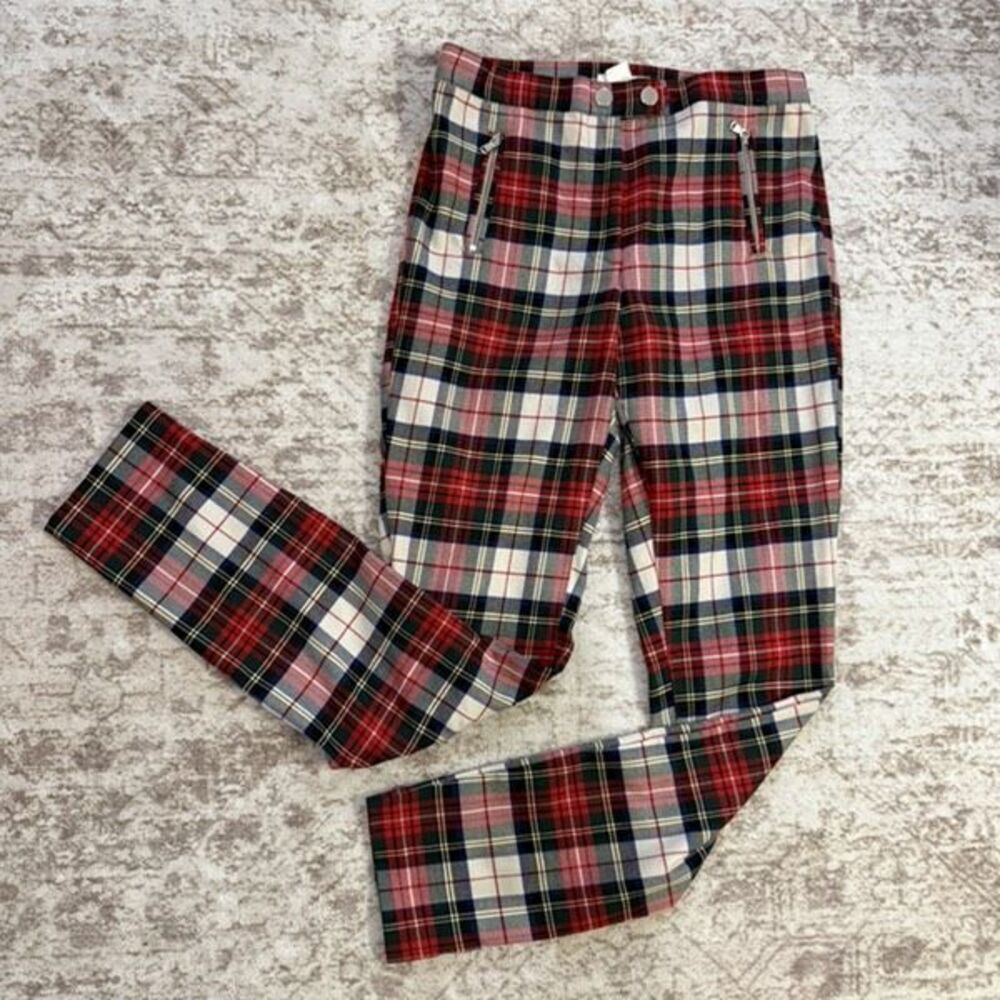 H&M Women's Checkered Tailored Stretch Straight Trouser Pants Red Cream Size 6